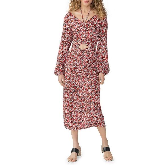 NWT Sanctuary Floral Print Chiffon Halter Long Sleeve Front Cut-Out Midi Dress - Picture 1 of 8